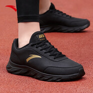 安踏運動(dòng)鞋男鞋秋冬季男士軟底皮面防潑水跑步鞋運動(dòng)休閑鞋子男學(xué)生 【皮面防潑水】黑/金屬金5529-9 40 （男7）