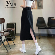 依沐蘇 復(fù)古開叉牛仔半身裙女中長款春秋季2023新款高腰顯瘦包臀a字裙子 黑色 M