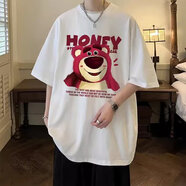 嘉曄草莓熊t恤男款潮牌潮流夏季美式復古半袖體恤五分袖重磅短袖衣服 【1件裝】白色 S 【60-75斤】