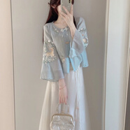 韓璐嬌（hanlujiao）新中式連衣裙女裝2025夏裝新款漢元素復(fù)古刺繡國風(fēng)氣質(zhì)漢服長裙子 藍(lán)色上衣+白色裙子 M （建議98-108斤）