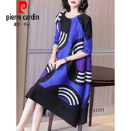 皮爾卡丹（pierre cardin）時尚印花褶皺連衣裙2025春夏新款洋氣小眾設計感寬松大碼裙子 藍色圓圈 L 建議110-120斤內(nèi)