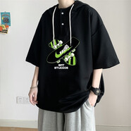 望了型M-8XL特大碼短袖連帽t恤男夏季冰絲胖子運(yùn)動(dòng)體恤加肥加大肥佬寬松 黑色 L 建議105-120斤