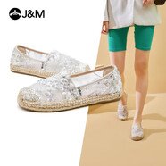 快樂瑪麗（J&M）漁夫鞋女夏季鏤空透氣布鞋休閑懶人一腳蹬平底單鞋女 銀色 35 