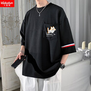 卡度頓夏裝日系特大碼七分袖T恤男胖子卡通印花加肥加大碼薄款半袖體恤 黑色 M