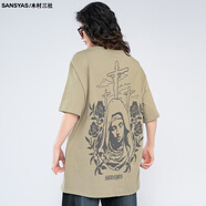 木村三社（MuCunSanShe）圣母印花美式復(fù)古t恤男高街潮牌潮流全棉夏天短袖體恤 灰綠 M