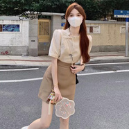宏資琦新中式國風(fēng)連衣裙夏季新款女裝小個(gè)子氣質(zhì)旗袍高腰顯瘦短裙子套裝 上衣+裙子 L