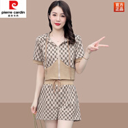 皮爾卡丹（pierre cardin）高端輕奢小香風(fēng)時(shí)尚套裝女2025年夏季新款名媛顯瘦短袖短褲兩件裝 卡其色套裝 M(建議100斤以?xún)?