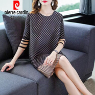 皮爾卡丹（pierre cardin）時尚印花褶皺連衣裙2025春夏新款洋氣小眾設(shè)計感寬松大碼裙子 黑色格子 2XL 建議130-145斤內(nèi)