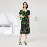 普普風(fēng)（FGFEEL）2023夏季女裝新品V領(lǐng)扭結(jié)印花顯瘦氣質(zhì)碎花連衣裙OB3L19942L 黑花 S