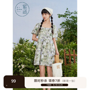 紫涵（ZIHAN）紫涵滿印花方領(lǐng)連衣裙女夏季森系田園風寬松高腰短袖短裙 綠底印花 M