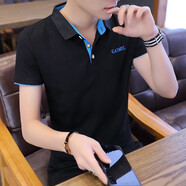 暢印夏天有領(lǐng)短袖T恤男青年爸爸裝翻領(lǐng)半截袖衣服T男士帶領(lǐng)子體恤汗衫 C77黑色藍(lán)色領(lǐng) M