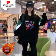 皮爾卡丹（pierre cardin）歐貨拼接圓領(lǐng)加絨衛衣女2024年春秋新款寬松中長(cháng)款顯瘦長(cháng)袖上 加絨黑色 彩色字母 M 80-115斤
