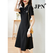 JPN香港潮牌短袖刺繡連衣裙女2024夏季新款百搭收腰顯瘦中長(zhǎng)款A(yù)字裙 黑色 L