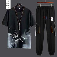寫(xiě)璇 男裝夏季短袖t恤套裝男長(cháng)褲中袖一套衣服 男生夏天春夏日韓版潮流學(xué)生夏裝男士青少年半袖整套運動(dòng)裝 T41黑色短袖套裝 XL（115-130斤）