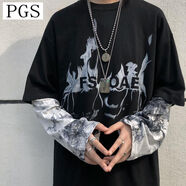 秋季暗黑系ins扎染假兩件長(zhǎng)袖t恤男學(xué)生韓版寬松潮百搭情侶裝 黑色F字母 M