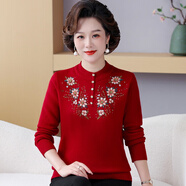 恒源祥媽媽裝秋冬加絨毛衣2024新款50歲中老年人女加厚繡花打底小衫保暖 酒紅色 M