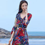 拓澀（TUOSE）夏季新款中長款連衣裙 復(fù)古印花七分喇叭袖泰國民族風度假沙灘裙 圖片色 L