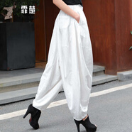 霏楚夏季新款棉麻燈籠褲女士休閑蘿卜褲薄款大碼哈倫褲寬松顯瘦垮褲潮 白色 L碼建議111-125斤