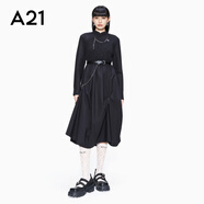 A21中長款酷酷顯瘦束腰連衣裙不規(guī)則下擺A字裙國風(fēng)旗袍領(lǐng)設(shè)計裙子 黑色 S