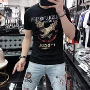 南極人（Nanjiren）夏季男士短袖T恤韓版修身老鷹亮片燙鉆歐貨潮牌體恤男半袖 D115黑色 XL （建議130-145斤）