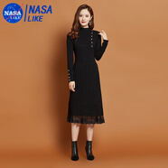 NASALIKE加絨加厚2020秋冬季新款連衣裙女過膝配的蕾絲針織毛衣裙 黑色 3XL 建議135-150斤