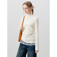 EGGKA一字肩拼接蕾絲白色T恤女上衣韓系氣質(zhì)溫柔假兩件長(cháng)袖打底衫 奶杏色-高E24A3489AF 2XL