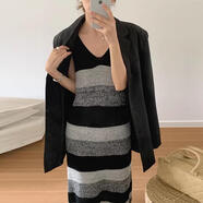 USCF小媽裙純欲風(fēng)韓國chic早秋小眾V領(lǐng)拼色條紋設計顯瘦包臀無(wú)袖針織 氣質(zhì)黑長(cháng)裙 S