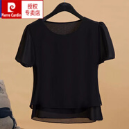 皮爾卡丹（pierre cardin）雪紡衫女短袖夏季洋氣小衫女裝2025新款潮寬松顯瘦遮肚子上衣 黑色  單上衣 2XL 建議125-135內(nèi)