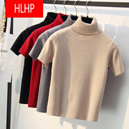 HLHP輕奢高檔品牌韓版秋冬高領(lǐng)毛衣女短袖修身套頭打底針織衫半袖大da碼外套上衣加厚 寶藍(lán)1 XL110-120