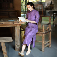 亂在江南夏季新品紫色連衣裙女氣質(zhì)修身顯瘦復古優(yōu)雅中袖棉麻絲質(zhì)中長(cháng)裙 紫色 L