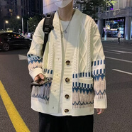 龍語者提花毛衣外套男開衫慵懶風2022新款秋季百搭寬松撞色上衣潮針織衫 杏色 L
