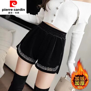 皮爾卡丹（pierre cardin）金絲絨短褲女闊腿秋冬季新款加厚大碼高腰洋氣外穿百搭休閑靴褲子 黑色(加絨加厚)面料 L 95-115斤