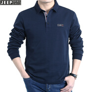 吉普（JEEP）長袖T恤男春秋季新款商務(wù)休閑寬松翻領(lǐng)純色棉質(zhì)男裝上衣打底衫 PS0001款寶藍(lán)色 XL(建議146-160斤)