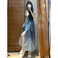 詩威琪2024復古牛仔背帶裙女夏秋森系小眾開叉收腰顯瘦甜辣連衣裙女 藍色牛仔裙 S