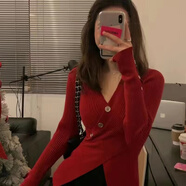 歌班婭秋冬2022新款洋氣設(shè)計(jì)感小眾不規(guī)則顯瘦修身打底針織衫V領(lǐng)毛衣女 A02酒紅 均碼 彈力建議75-120斤