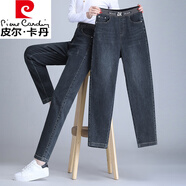 皮爾卡丹九分牛仔褲女春秋款2025年新款大號中年媽哈倫松緊腰褲子胖MM 深灰色-長(cháng)褲春秋款9093 L (適合110-125斤)