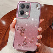 羅璐鷗 OPPO Reno8手機殼女款硅膠殼Reno8Pro保護套reno8 Pro+外殼水鉆玫瑰花漸變閃粉電鍍 【漸變玫瑰金】+全屏鋼化膜 OPPO Reno8