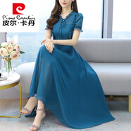 皮爾卡丹高級(jí)感雪紡連衣裙女夏季2024新款顯瘦減齡母親高等氣質(zhì)優(yōu)雅長(zhǎng)裙 湖藍(lán)色 2XL