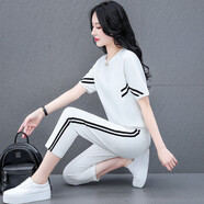 匹卡特（PIKATE）t恤女短袖女裝夏裝休閑套裝女士夏季上衣女裝衣服運動服韓版夏天 7967白衣+白褲 M