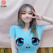 奈久留美抖音周邊炸街日系3d大眼睛短袖T恤女裝動(dòng)漫卡通ins上衣緊身修身潮 藍色t恤卡通  短裝 彈性  S