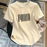 歐洛黛短袖t恤女裝夏季新款寬松圓領(lǐng)設計感字母弧形遮肚子顯瘦上衣女 奶茶色（堅條） S