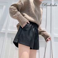 Radinka2025春秋新款小心機(jī)仿皮褲女闊腿皮褲ins韓版簡約高腰顯瘦短褲ZXQ 黑色 加絨 M（100斤以下）