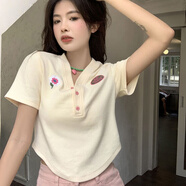 木清清V領(lǐng)刺繡短袖正肩T恤女裝夏季新款設計感甜辣短款修身顯瘦別致上衣 V領(lǐng)菊花杏色【高品質(zhì)】 L 106-120斤