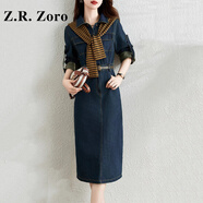 Z.R.Zoro奢侈品連衣裙女2025秋季新款法式復(fù)古條紋收腰顯瘦披肩牛仔連衣裙 深藍(lán)牛仔 M