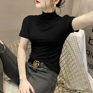 莫代爾高領(lǐng)短袖女半打底衫春夏T恤氣質(zhì)修身半袖緊身黑色上衣百搭 黑色 M 【86-96斤】