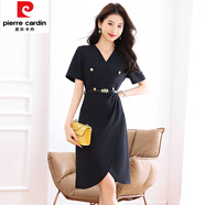 皮爾卡丹（pierre cardin）高端精致連衣裙腰帶女夏高級(jí)感氣質(zhì)名媛通勤收腰顯瘦歐美大牌包臀 黑色 L 建議105-115斤