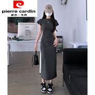 皮爾卡丹（pierre cardin）灰色修身針織連衣裙女T恤夏季后媽包臀短袖休閑過膝超長裙到腳踝 灰色 S /套裝/甜辣/氣質(zhì)/顯身材/