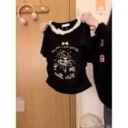 風(fēng)采兔 純棉辣妹甜美蕾絲正肩短袖T恤女2024夏季新款顯瘦日系短款上衣潮 黑色 M