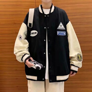 依慕琪秋季新款開(kāi)衫棒球領(lǐng)男生寬松棒球服潮牌ins港風(fēng)大碼外套帥氣拼 黑色 M