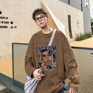 欣垚美式長(cháng)袖t恤打底男秋季新款潮牌痞帥字母服裝服飾5折券 卡其色(卡通印花) M 105-120斤